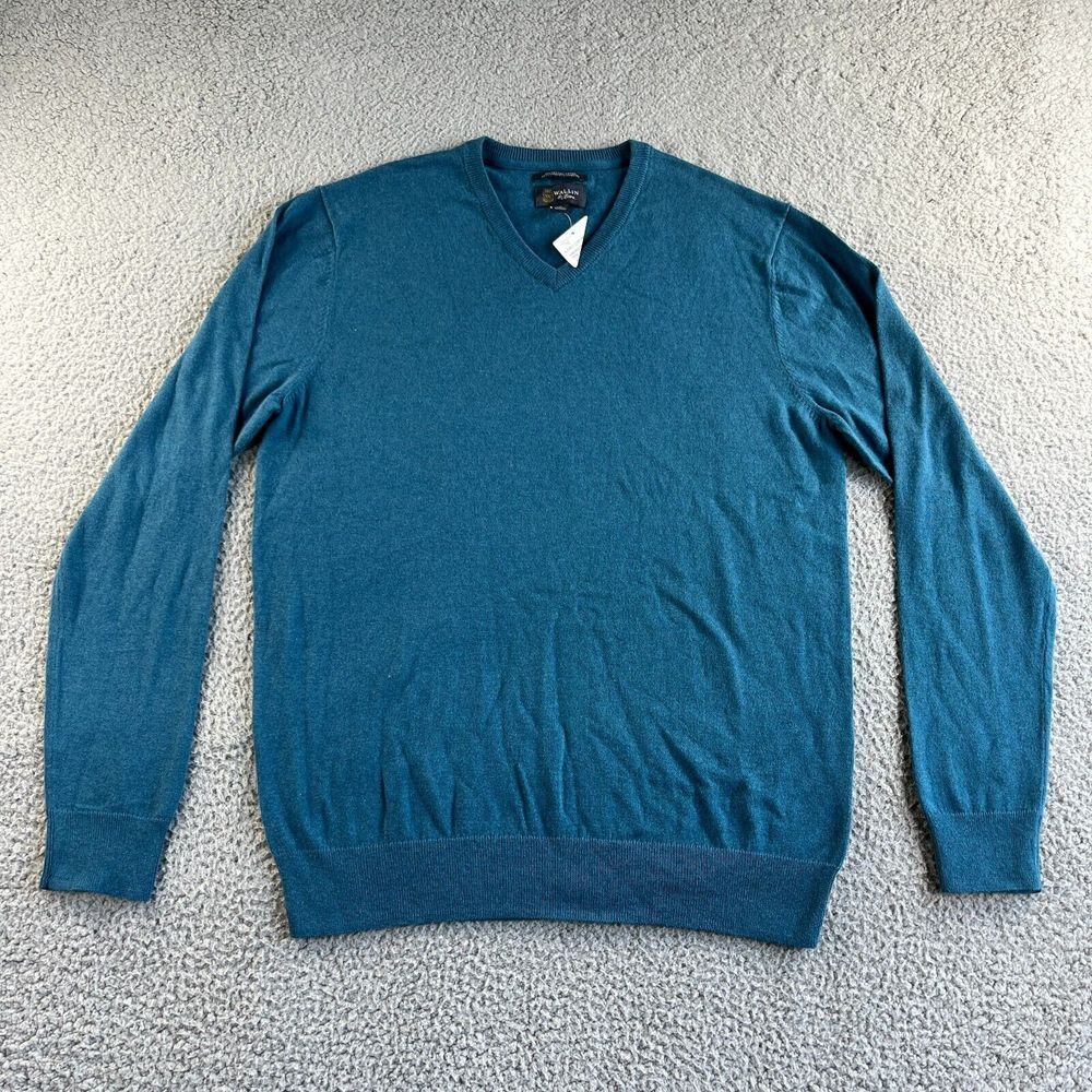 NEW Wallin Bros Sweater Mens Large Blue Cotton‎ Cashmere Pullover V Neck Classic